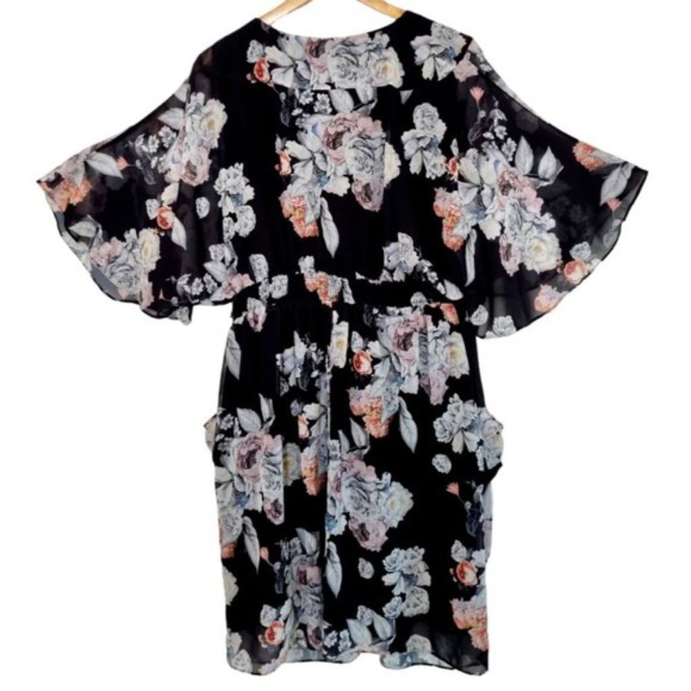 CITY CHIC Black Floral Womens V-Neck Flutter Sleeve Midi Dress - Size L - Picture 4 of 6